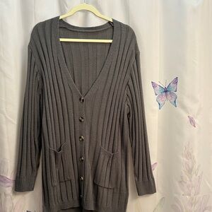 Women’s Ribbed V-Neck Cardigan Sweater - Gray Size 2xl